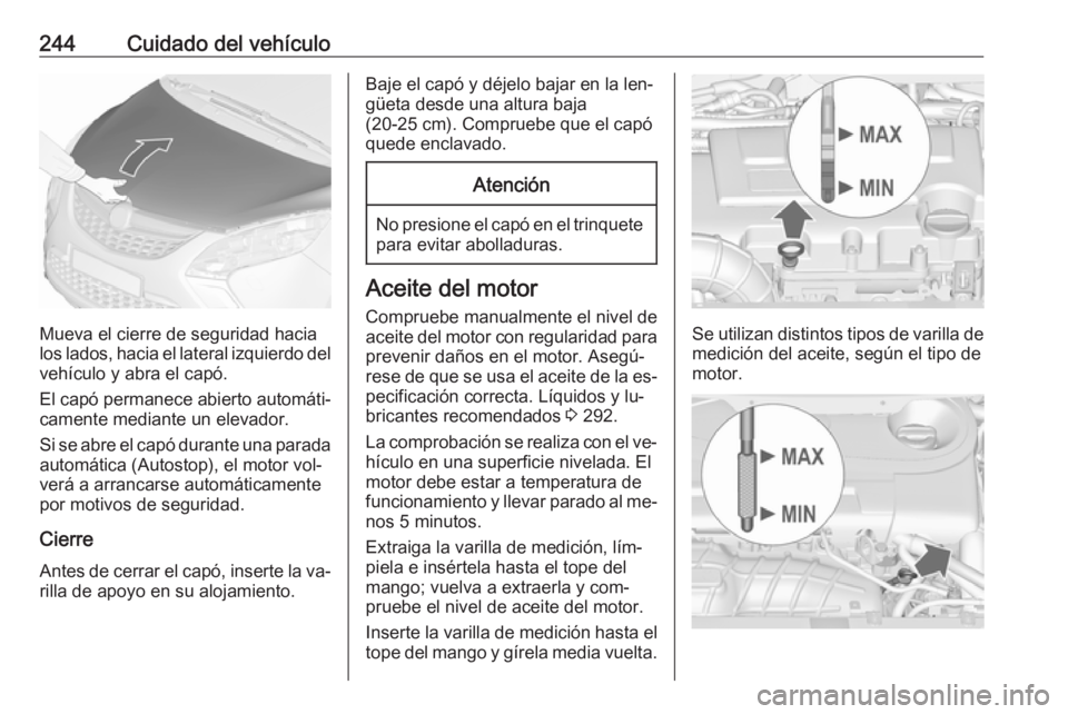 OPEL ZAFIRA C 2016  Manual de Instrucciones (in Spanish) 244Cuidado del vehículo
Mueva el cierre de seguridad hacia
los lados, hacia el lateral izquierdo del
vehículo y abra el capó.
El capó permanece abierto automáti‐
camente mediante un elevador.
S