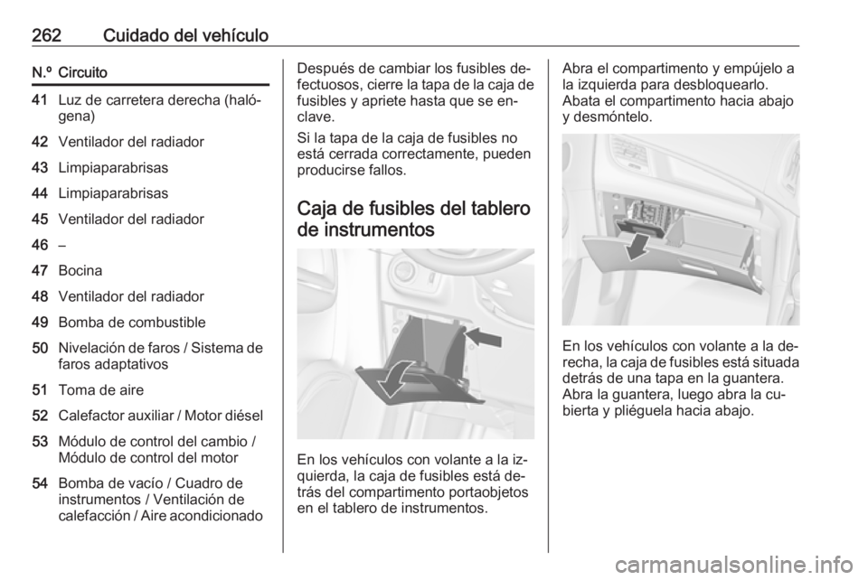 OPEL ZAFIRA C 2016  Manual de Instrucciones (in Spanish) 262Cuidado del vehículoN.ºCircuito41Luz de carretera derecha (haló‐
gena)42Ventilador del radiador43Limpiaparabrisas44Limpiaparabrisas45Ventilador del radiador46–47Bocina48Ventilador del radiad