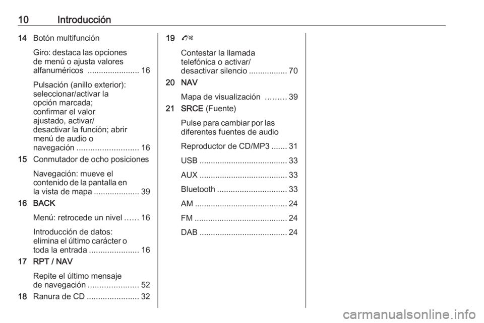 OPEL ZAFIRA C 2016.5 Manual de infoentretenimiento (in Spanish) 10Introducción14Botón multifunción
Giro: destaca las opciones de menú o ajusta valores
alfanuméricos ....................... 16
Pulsación (anillo exterior):
seleccionar/activar la
opción marca OPEL ZAFIRA C 2016.5 Manual de infoentretenimiento (in Spanish) 10Introducción14Botón multifunción
Giro: destaca las opciones de menú o ajusta valores
alfanuméricos ....................... 16
Pulsación (anillo exterior):
seleccionar/activar la
opción marca