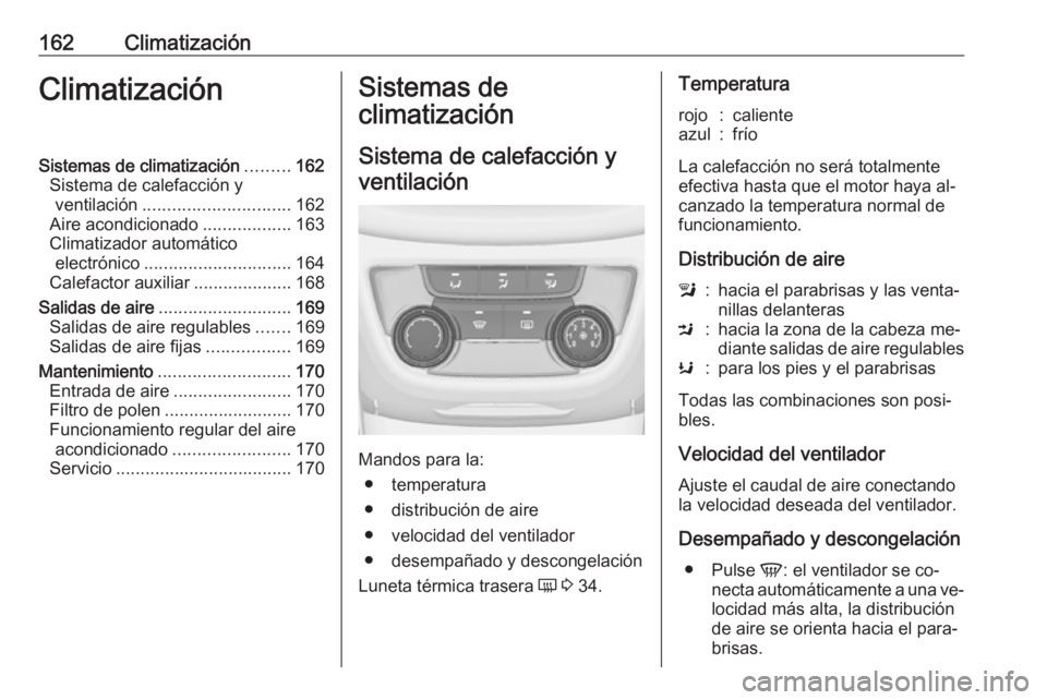 OPEL ZAFIRA C 2016.5  Manual de Instrucciones (in Spanish) 162ClimatizaciónClimatizaciónSistemas de climatización.........162
Sistema de calefacción y ventilación .............................. 162
Aire acondicionado ..................163
Climatizador au