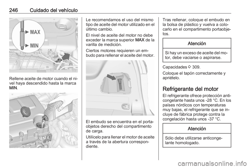 OPEL ZAFIRA C 2016.5 Manual de Instrucciones (in Spanish) 246Cuidado del vehículo
Rellene aceite de motor cuando el ni‐vel haya descendido hasta la marca
MIN .
Le recomendamos el uso del mismo
tipo de aceite del motor utilizado en el
último cambio.
El ni OPEL ZAFIRA C 2016.5 Manual de Instrucciones (in Spanish) 246Cuidado del vehículo
Rellene aceite de motor cuando el ni‐vel haya descendido hasta la marca
MIN .
Le recomendamos el uso del mismo
tipo de aceite del motor utilizado en el
último cambio.
El ni