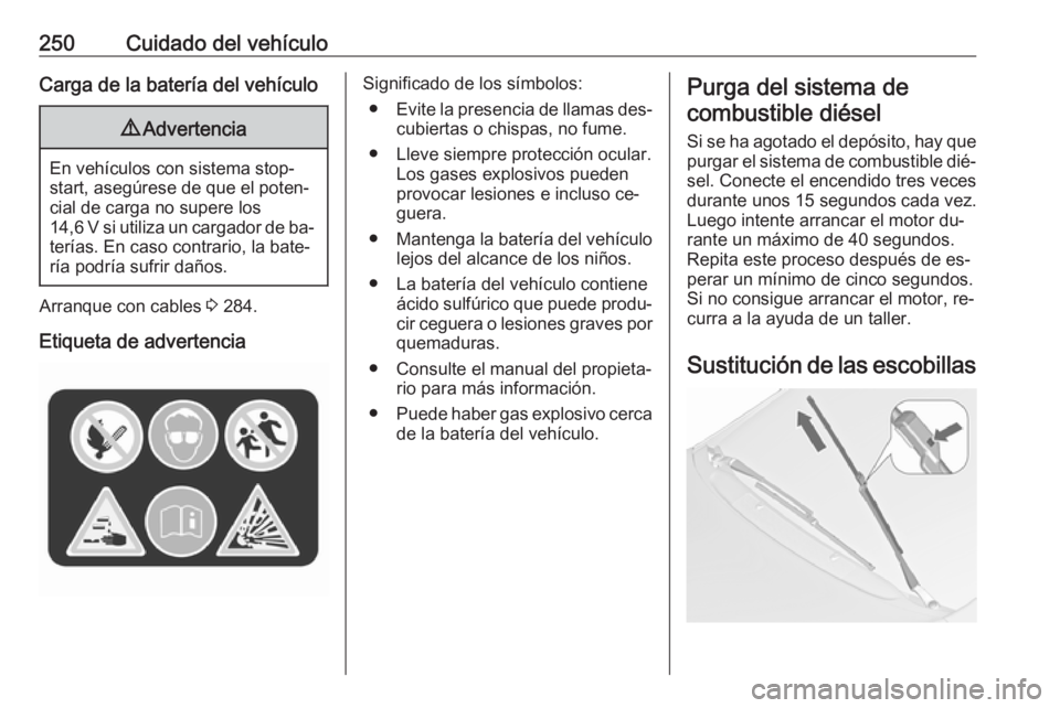 OPEL ZAFIRA C 2016.5 Manual de Instrucciones (in Spanish) 250Cuidado del vehículoCarga de la batería del vehículo9Advertencia
En vehículos con sistema stop-
start, asegúrese de que el poten‐
cial de carga no supere los
14,6 V si utiliza un cargador de OPEL ZAFIRA C 2016.5 Manual de Instrucciones (in Spanish) 250Cuidado del vehículoCarga de la batería del vehículo9Advertencia
En vehículos con sistema stop-
start, asegúrese de que el poten‐
cial de carga no supere los
14,6 V si utiliza un cargador de