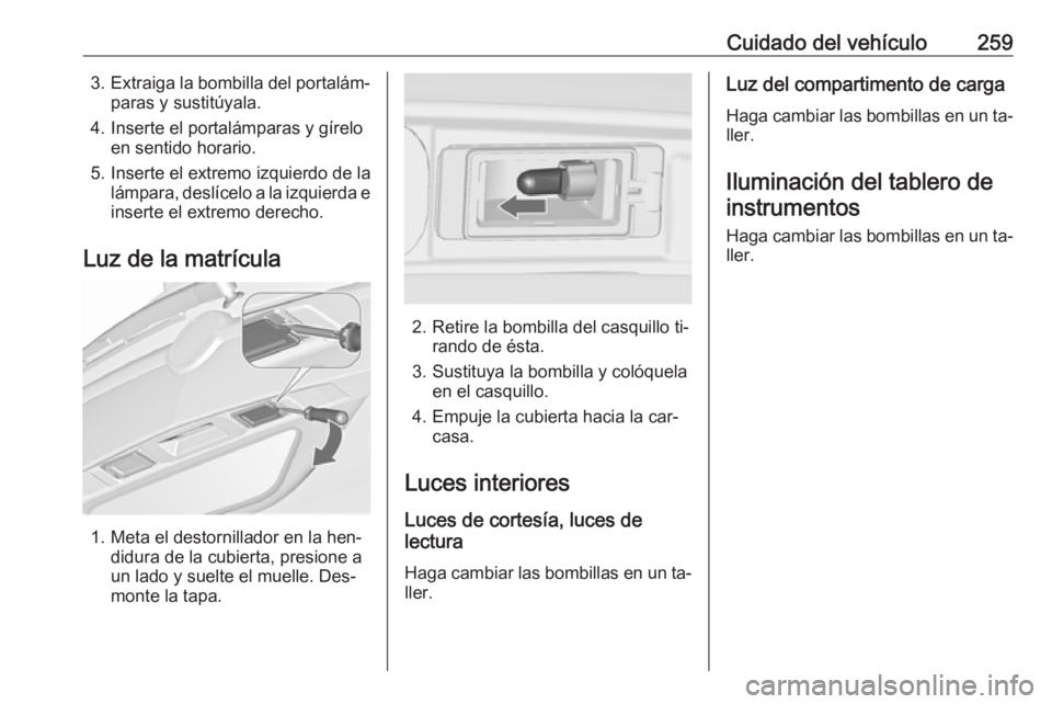 OPEL ZAFIRA C 2016.5  Manual de Instrucciones (in Spanish) Cuidado del vehículo2593.Extraiga la bombilla del portalám‐
paras y sustitúyala.
4. Inserte el portalámparas y gírelo en sentido horario.
5. Inserte el extremo izquierdo de la lámpara, deslíc