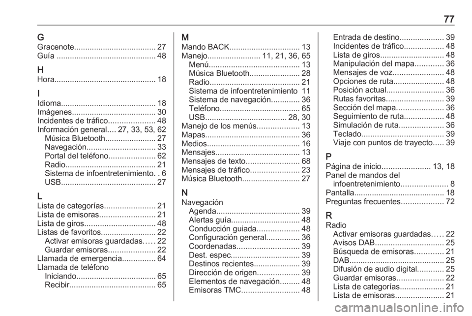 OPEL ZAFIRA C 2017  Manual de infoentretenimiento (in Spanish) 77GGracenote ..................................... 27
Guía  ............................................. 48
H
Hora .............................................. 18
I
Idioma ........................ OPEL ZAFIRA C 2017  Manual de infoentretenimiento (in Spanish) 77GGracenote ..................................... 27
Guía  ............................................. 48
H
Hora .............................................. 18
I
Idioma ........................