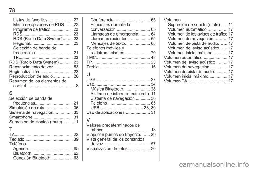 OPEL ZAFIRA C 2017  Manual de infoentretenimiento (in Spanish) 78Listas de favoritos.....................22
Menú de opciones de RDS .......23
Programa de tráfico................... 23
RDS........................................... 23
RDS (Radio Data System) ... OPEL ZAFIRA C 2017  Manual de infoentretenimiento (in Spanish) 78Listas de favoritos.....................22
Menú de opciones de RDS .......23
Programa de tráfico................... 23
RDS........................................... 23
RDS (Radio Data System) ...