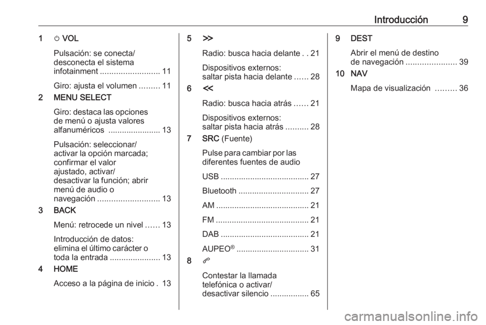 OPEL ZAFIRA C 2017  Manual de infoentretenimiento (in Spanish) Introducción91m VOL
Pulsación: se conecta/
desconecta el sistema
infotainment .......................... 11
Giro: ajusta el volumen .........11
2 MENU SELECT
Giro: destaca las opciones
de menú o aj