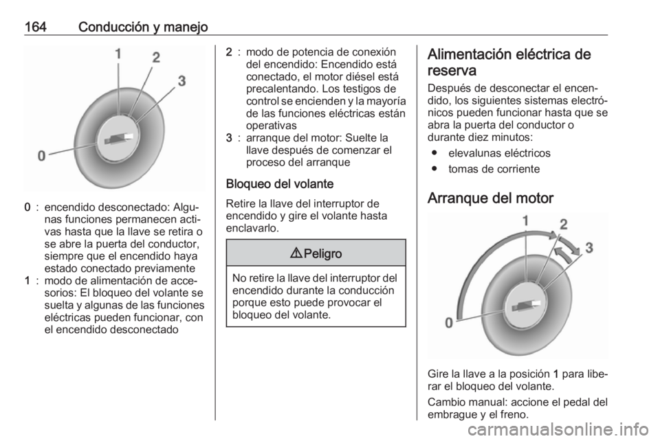 OPEL ZAFIRA C 2017 Manual de Instrucciones (in Spanish) 164Conducción y manejo0:encendido desconectado: Algu‐
nas funciones permanecen acti‐
vas hasta que la llave se retira o
se abre la puerta del conductor,
siempre que el encendido haya
estado conec OPEL ZAFIRA C 2017 Manual de Instrucciones (in Spanish) 164Conducción y manejo0:encendido desconectado: Algu‐
nas funciones permanecen acti‐
vas hasta que la llave se retira o
se abre la puerta del conductor,
siempre que el encendido haya
estado conec