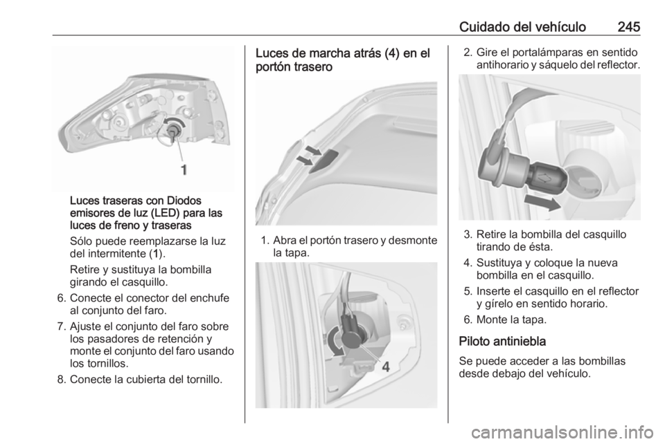 OPEL ZAFIRA C 2017 Manual de Instrucciones (in Spanish) Cuidado del vehículo245
Luces traseras con Diodos
emisores de luz (LED) para las
luces de freno y traseras
Sólo puede reemplazarse la luz
del intermitente ( 1).
Retire y sustituya la bombilla
girand OPEL ZAFIRA C 2017 Manual de Instrucciones (in Spanish) Cuidado del vehículo245
Luces traseras con Diodos
emisores de luz (LED) para las
luces de freno y traseras
Sólo puede reemplazarse la luz
del intermitente ( 1).
Retire y sustituya la bombilla
girand