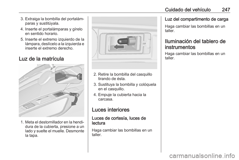 OPEL ZAFIRA C 2017 Manual de Instrucciones (in Spanish) Cuidado del vehículo2473.Extraiga la bombilla del portalám‐
paras y sustitúyala.
4. Inserte el portalámparas y gírelo en sentido horario.
5. Inserte el extremo izquierdo de la lámpara, deslíc OPEL ZAFIRA C 2017 Manual de Instrucciones (in Spanish) Cuidado del vehículo2473.Extraiga la bombilla del portalám‐
paras y sustitúyala.
4. Inserte el portalámparas y gírelo en sentido horario.
5. Inserte el extremo izquierdo de la lámpara, deslíc