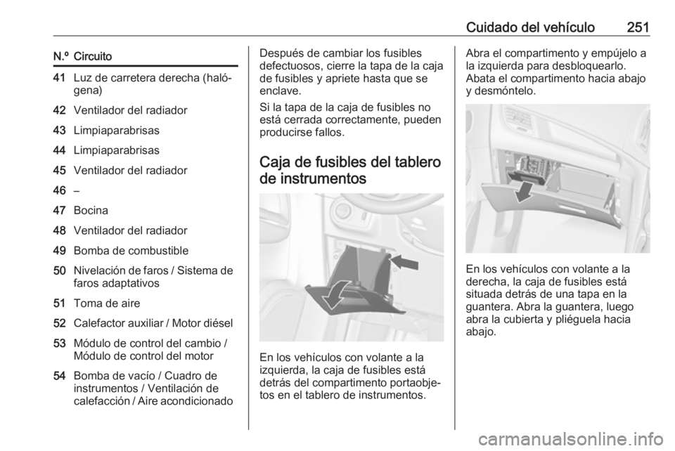OPEL ZAFIRA C 2017 Manual de Instrucciones (in Spanish) Cuidado del vehículo251N.ºCircuito41Luz de carretera derecha (haló‐
gena)42Ventilador del radiador43Limpiaparabrisas44Limpiaparabrisas45Ventilador del radiador46–47Bocina48Ventilador del radiad OPEL ZAFIRA C 2017 Manual de Instrucciones (in Spanish) Cuidado del vehículo251N.ºCircuito41Luz de carretera derecha (haló‐
gena)42Ventilador del radiador43Limpiaparabrisas44Limpiaparabrisas45Ventilador del radiador46–47Bocina48Ventilador del radiad