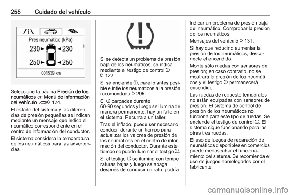 OPEL ZAFIRA C 2017 Manual de Instrucciones (in Spanish) 258Cuidado del vehículo
Seleccione la página Presión de los
neumáticos en Menú de información
del vehículo ? 3 124.
El estado del sistema y las diferen‐
cias de presión pequeñas se indica OPEL ZAFIRA C 2017 Manual de Instrucciones (in Spanish) 258Cuidado del vehículo
Seleccione la página Presión de los
neumáticos en Menú de información
del vehículo ? 3 124.
El estado del sistema y las diferen‐
cias de presión pequeñas se indica