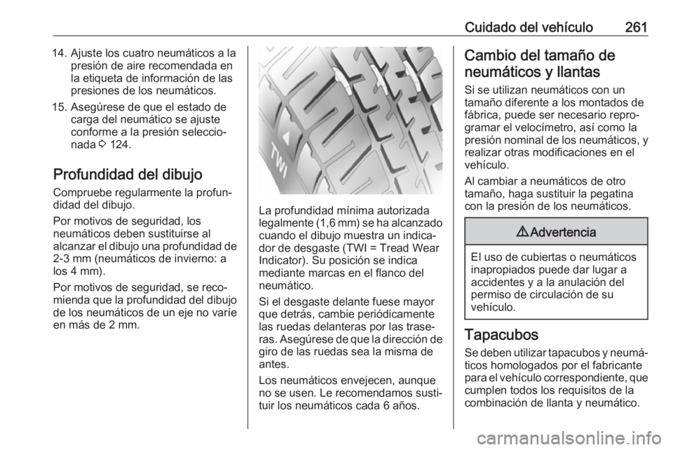 OPEL ZAFIRA C 2017 Manual de Instrucciones (in Spanish) Cuidado del vehículo26114. Ajuste los cuatro neumáticos a lapresión de aire recomendada en
la etiqueta de información de las
presiones de los neumáticos.
15. Asegúrese de que el estado de carga OPEL ZAFIRA C 2017 Manual de Instrucciones (in Spanish) Cuidado del vehículo26114. Ajuste los cuatro neumáticos a lapresión de aire recomendada en
la etiqueta de información de las
presiones de los neumáticos.
15. Asegúrese de que el estado de carga