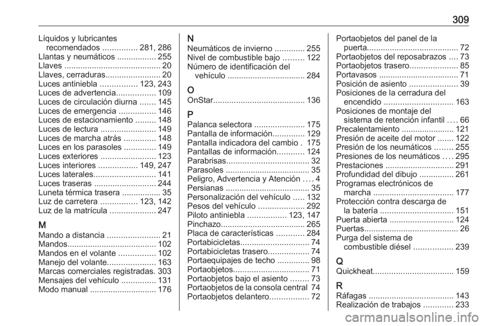 OPEL ZAFIRA C 2017 Manual de Instrucciones (in Spanish) 309Líquidos y lubricantesrecomendados ...............281, 286
Llantas y neumáticos .................255
Llaves .......................................... 20
Llaves, cerraduras ................... OPEL ZAFIRA C 2017 Manual de Instrucciones (in Spanish) 309Líquidos y lubricantesrecomendados ...............281, 286
Llantas y neumáticos .................255
Llaves .......................................... 20
Llaves, cerraduras ...................