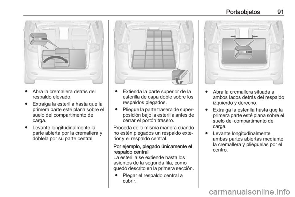 OPEL ZAFIRA C 2017 Manual de Instrucciones (in Spanish) Portaobjetos91
● Abra la cremallera detrás delrespaldo elevado.
● Extraiga la esterilla hasta que la primera parte esté plana sobre el
suelo del compartimento de
carga.
● Levante longitudinalm OPEL ZAFIRA C 2017 Manual de Instrucciones (in Spanish) Portaobjetos91
● Abra la cremallera detrás delrespaldo elevado.
● Extraiga la esterilla hasta que la primera parte esté plana sobre el
suelo del compartimento de
carga.
● Levante longitudinalm
