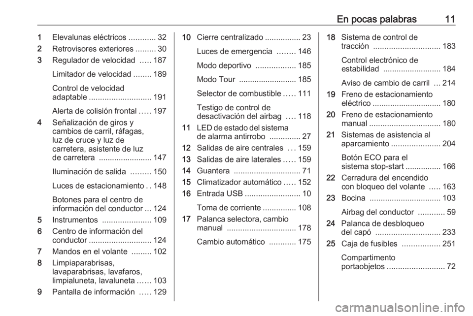 OPEL ZAFIRA C 2017.25 Manual de Instrucciones (in Spanish) En pocas palabras111Elevalunas eléctricos ............32
2 Retrovisores exteriores .........30
3 Regulador de velocidad .....187
Limitador de velocidad ........189
Control de velocidad
adaptable ... OPEL ZAFIRA C 2017.25 Manual de Instrucciones (in Spanish) En pocas palabras111Elevalunas eléctricos ............32
2 Retrovisores exteriores .........30
3 Regulador de velocidad .....187
Limitador de velocidad ........189
Control de velocidad
adaptable ...