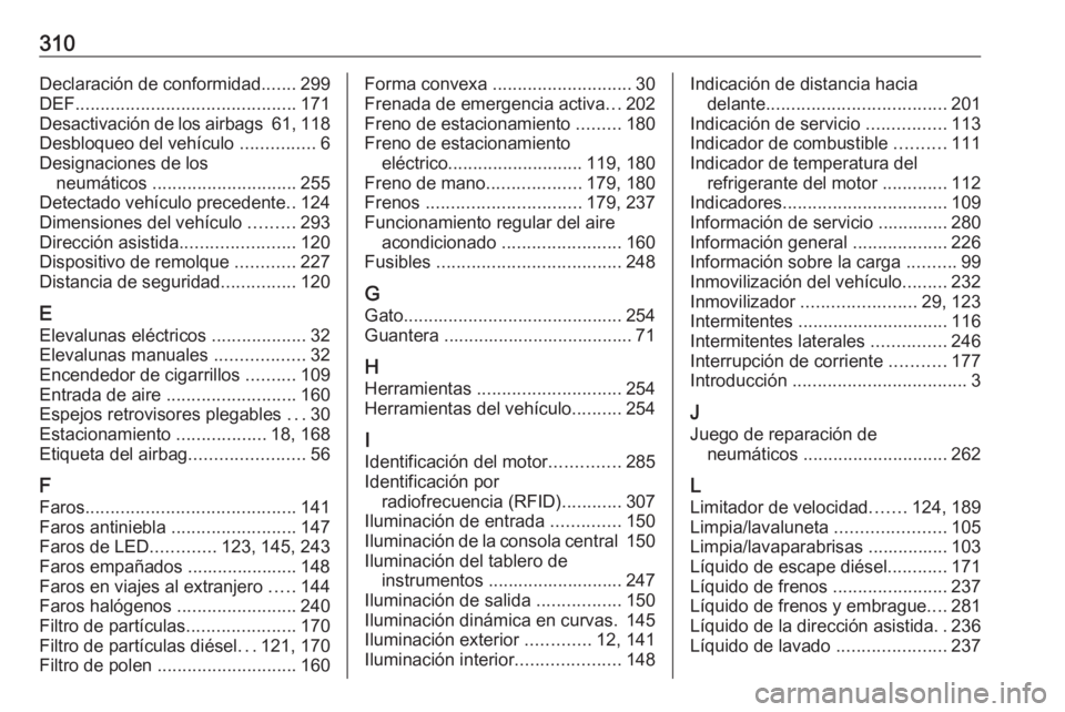 OPEL ZAFIRA C 2017.25 Manual de Instrucciones (in Spanish) 310Declaración de conformidad.......299
DEF ............................................ 171
Desactivación de los airbags 61, 118
Desbloqueo del vehículo ...............6
Designaciones de los neu OPEL ZAFIRA C 2017.25 Manual de Instrucciones (in Spanish) 310Declaración de conformidad.......299
DEF ............................................ 171
Desactivación de los airbags 61, 118
Desbloqueo del vehículo ...............6
Designaciones de los neu