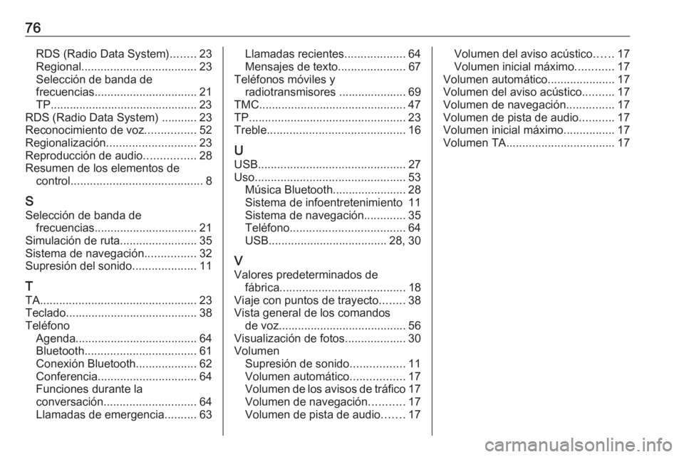OPEL ZAFIRA C 2017.5 Manual de infoentretenimiento (in Spanish) 76RDS (Radio Data System)........23
Regional .................................... 23
Selección de banda de
frecuencias ................................ 21
TP.......................................... OPEL ZAFIRA C 2017.5 Manual de infoentretenimiento (in Spanish) 76RDS (Radio Data System)........23
Regional .................................... 23
Selección de banda de
frecuencias ................................ 21
TP..........................................