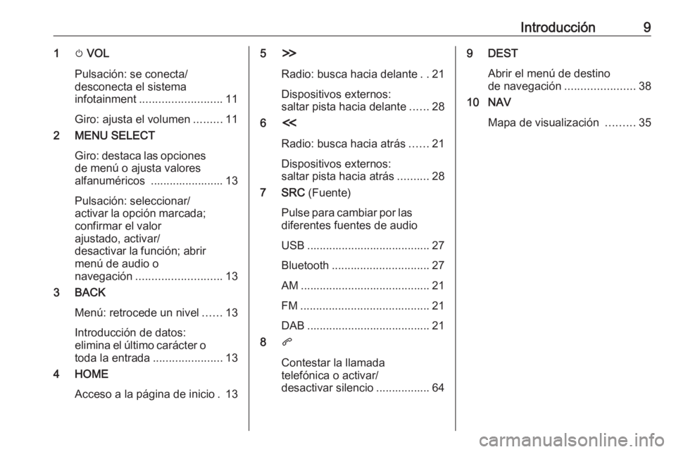 OPEL ZAFIRA C 2017.5  Manual de infoentretenimiento (in Spanish) Introducción91m VOL
Pulsación: se conecta/
desconecta el sistema
infotainment .......................... 11
Giro: ajusta el volumen .........11
2 MENU SELECT
Giro: destaca las opciones
de menú o aj