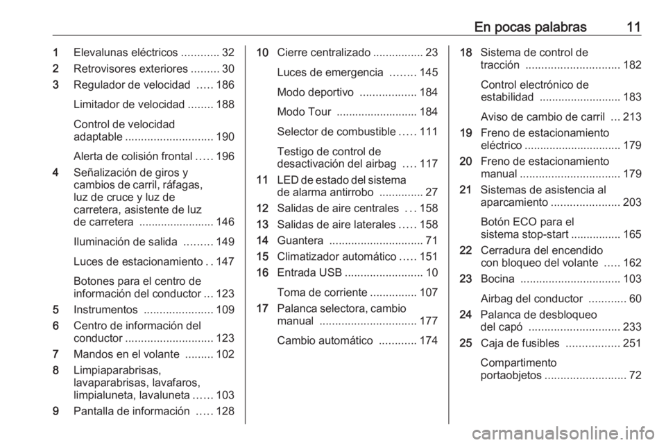 OPEL ZAFIRA C 2017.5  Manual de Instrucciones (in Spanish) En pocas palabras111Elevalunas eléctricos ............32
2 Retrovisores exteriores .........30
3 Regulador de velocidad  .....186
Limitador de velocidad ........188
Control de velocidad
adaptable ...