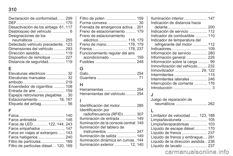 OPEL ZAFIRA C 2017.5 Manual de Instrucciones (in Spanish) 310Declaración de conformidad.......299
DEF ............................................ 170
Desactivación de los airbags 61, 117
Desbloqueo del vehículo ...............6
Designaciones de los neu OPEL ZAFIRA C 2017.5 Manual de Instrucciones (in Spanish) 310Declaración de conformidad.......299
DEF ............................................ 170
Desactivación de los airbags 61, 117
Desbloqueo del vehículo ...............6
Designaciones de los neu