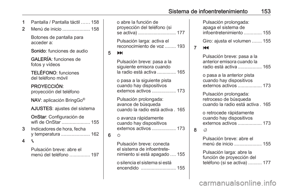 OPEL ZAFIRA C 2018  Manual de Instrucciones (in Spanish) Sistema de infoentretenimiento1531Pantalla / Pantalla táctil ......158
2 Menú de inicio .....................158
Botones de pantalla para
acceder a:
Sonido : funciones de audio
GALERÍA : funciones 