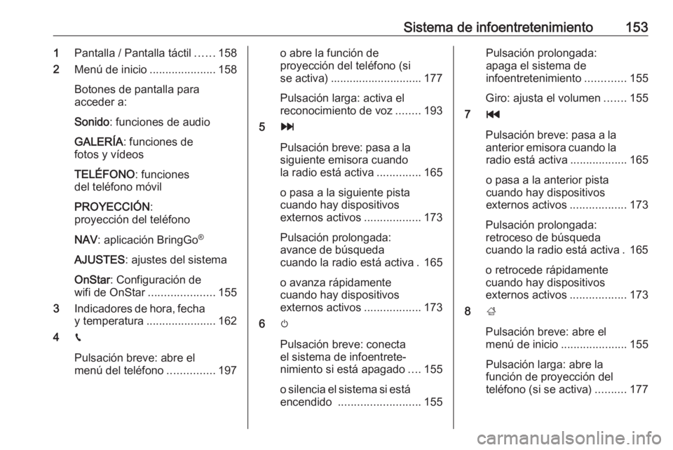 OPEL ZAFIRA C 2018 Manual de Instrucciones (in Spanish) Sistema de infoentretenimiento1531Pantalla / Pantalla táctil ......158
2 Menú de inicio .....................158
Botones de pantalla para
acceder a:
Sonido : funciones de audio
GALERÍA : funciones OPEL ZAFIRA C 2018 Manual de Instrucciones (in Spanish) Sistema de infoentretenimiento1531Pantalla / Pantalla táctil ......158
2 Menú de inicio .....................158
Botones de pantalla para
acceder a:
Sonido : funciones de audio
GALERÍA : funciones