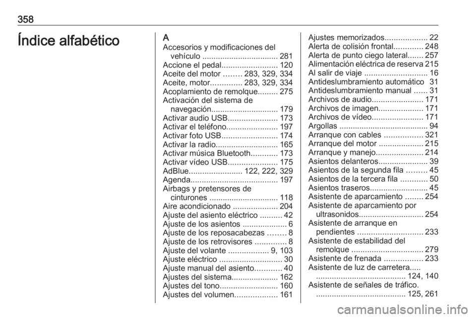 OPEL ZAFIRA C 2018  Manual de Instrucciones (in Spanish) 358Índice alfabéticoAAccesorios y modificaciones del vehículo  .................................. 281
Accione el pedal .........................120
Aceite del motor  ........283, 329, 334
Aceite, m