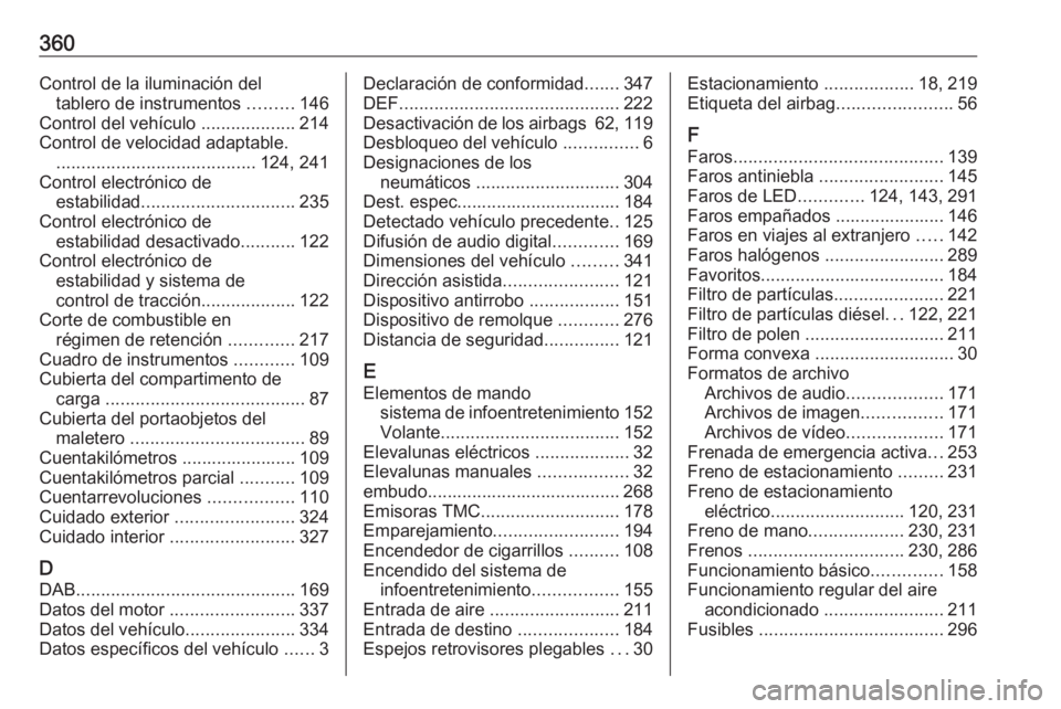 OPEL ZAFIRA C 2018 Manual de Instrucciones (in Spanish) 360Control de la iluminación deltablero de instrumentos .........146
Control del vehículo ...................214
Control de velocidad adaptable. ........................................ 124, 241
C OPEL ZAFIRA C 2018 Manual de Instrucciones (in Spanish) 360Control de la iluminación deltablero de instrumentos .........146
Control del vehículo ...................214
Control de velocidad adaptable. ........................................ 124, 241
C