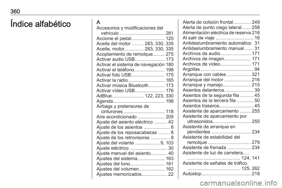 OPEL ZAFIRA C 2018.5 Manual de Instrucciones (in Spanish) 360Índice alfabéticoAAccesorios y modificaciones del vehículo .................................. 281
Accione el pedal .........................120
Aceite del motor ........283, 330, 335
Aceite, m OPEL ZAFIRA C 2018.5 Manual de Instrucciones (in Spanish) 360Índice alfabéticoAAccesorios y modificaciones del vehículo .................................. 281
Accione el pedal .........................120
Aceite del motor ........283, 330, 335
Aceite, m