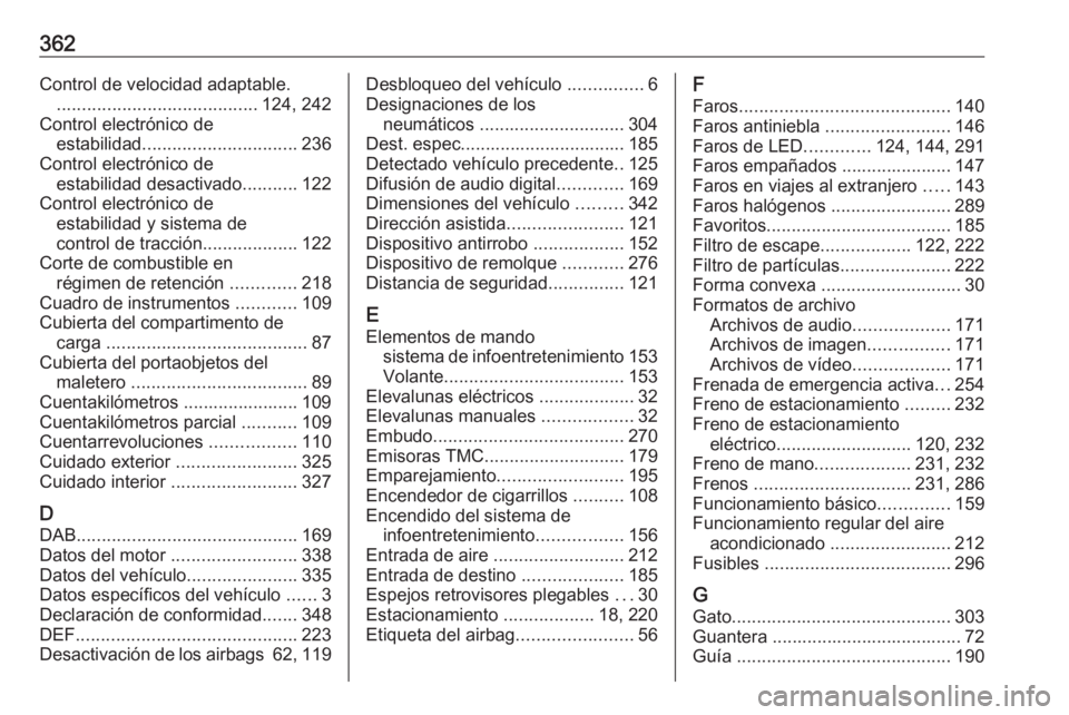OPEL ZAFIRA C 2018.5 Manual de Instrucciones (in Spanish) 362Control de velocidad adaptable......................................... 124, 242
Control electrónico de estabilidad ............................... 236
Control electrónico de estabilidad desactiv OPEL ZAFIRA C 2018.5 Manual de Instrucciones (in Spanish) 362Control de velocidad adaptable......................................... 124, 242
Control electrónico de estabilidad ............................... 236
Control electrónico de estabilidad desactiv