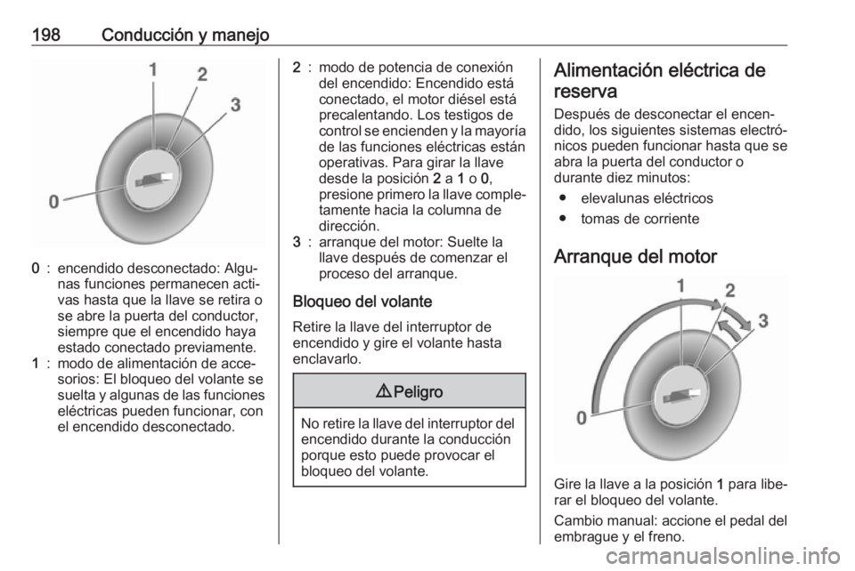 OPEL ZAFIRA C 2019 Manual de Instrucciones (in Spanish) 198Conducción y manejo0:encendido desconectado: Algu‐
nas funciones permanecen acti‐
vas hasta que la llave se retira o
se abre la puerta del conductor,
siempre que el encendido haya
estado conec OPEL ZAFIRA C 2019 Manual de Instrucciones (in Spanish) 198Conducción y manejo0:encendido desconectado: Algu‐
nas funciones permanecen acti‐
vas hasta que la llave se retira o
se abre la puerta del conductor,
siempre que el encendido haya
estado conec