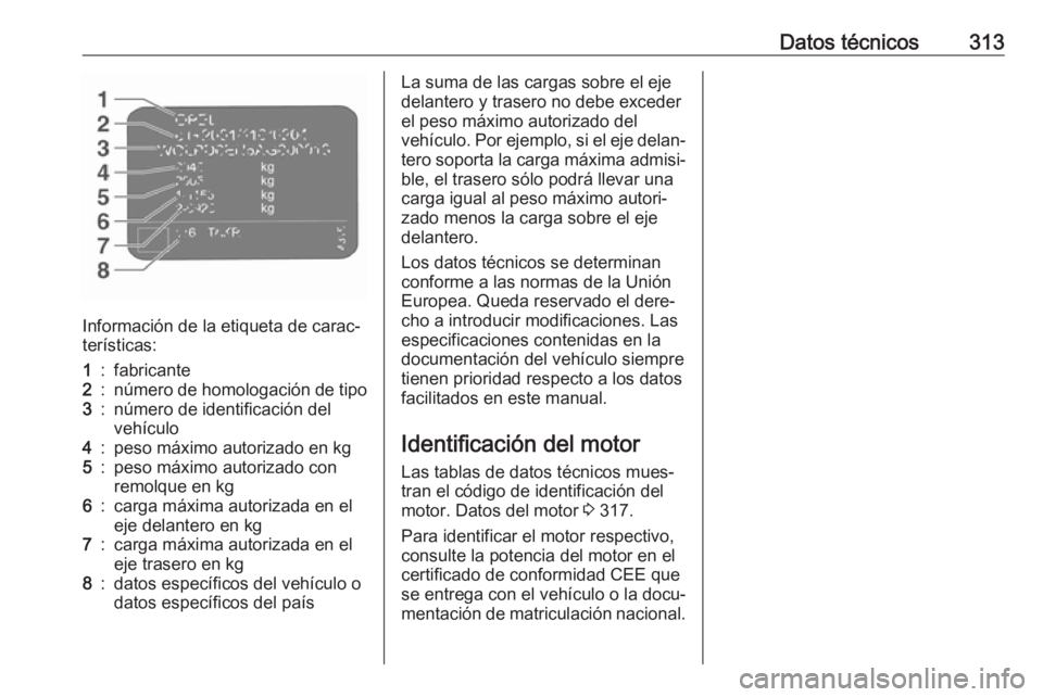OPEL ZAFIRA C 2019 Manual de Instrucciones (in Spanish) Datos técnicos313
Información de la etiqueta de carac‐
terísticas:
1:fabricante2:número de homologación de tipo3:número de identificación del
vehículo4:peso máximo autorizado en kg5:peso m OPEL ZAFIRA C 2019 Manual de Instrucciones (in Spanish) Datos técnicos313
Información de la etiqueta de carac‐
terísticas:
1:fabricante2:número de homologación de tipo3:número de identificación del
vehículo4:peso máximo autorizado en kg5:peso m