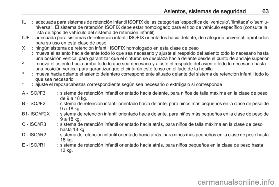 OPEL ZAFIRA C 2019  Manual de Instrucciones (in Spanish) Asientos, sistemas de seguridad63IL:adecuada para sistemas de retención infantil ISOFIX de las categorías 'específica del vehículo', 'limitada' o 'semiu‐
niversal'. El si