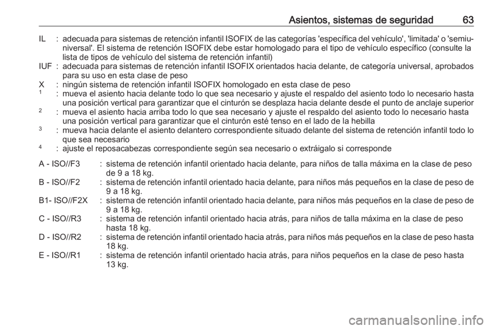 OPEL ZAFIRA C 2019 Manual de Instrucciones (in Spanish) Asientos, sistemas de seguridad63IL:adecuada para sistemas de retención infantil ISOFIX de las categorías 'específica del vehículo', 'limitada' o 'semiu‐
niversal'. El si OPEL ZAFIRA C 2019 Manual de Instrucciones (in Spanish) Asientos, sistemas de seguridad63IL:adecuada para sistemas de retención infantil ISOFIX de las categorías 'específica del vehículo', 'limitada' o 'semiu‐
niversal'. El si