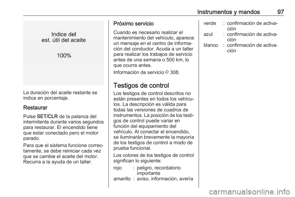 OPEL ZAFIRA C 2019 Manual de Instrucciones (in Spanish) Instrumentos y mandos97
La duración del aceite restante se
indica en porcentaje.
Restaurar
Pulse SET/CLR de la palanca del
intermitente durante varios segundos
para restaurar. El encendido tiene
qu OPEL ZAFIRA C 2019 Manual de Instrucciones (in Spanish) Instrumentos y mandos97
La duración del aceite restante se
indica en porcentaje.
Restaurar
Pulse SET/CLR de la palanca del
intermitente durante varios segundos
para restaurar. El encendido tiene
qu
