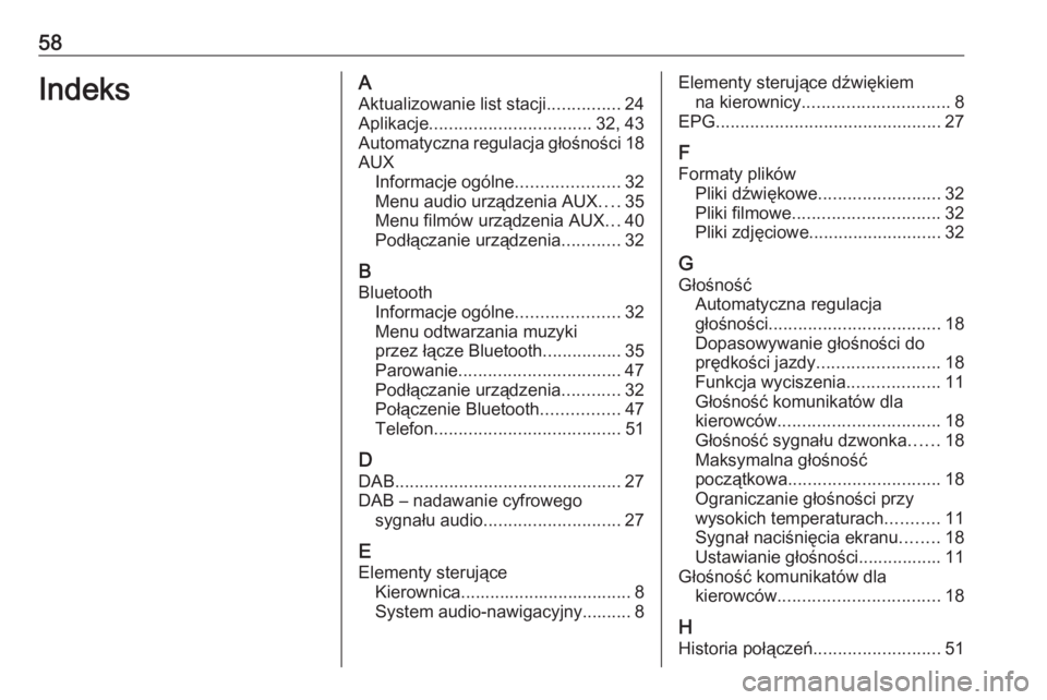 OPEL ADAM 2016 Instrukcja obsługi systemu audio-nawigacyjnego (in Polish) 58IndeksAAktualizowanie list stacji ...............24
Aplikacje ................................. 32, 43
Automatyczna regulacja głośności 18
AUX Informacje ogólne .....................32
Menu audi OPEL ADAM 2016 Instrukcja obsługi systemu audio-nawigacyjnego (in Polish) 58IndeksAAktualizowanie list stacji ...............24
Aplikacje ................................. 32, 43
Automatyczna regulacja głośności 18
AUX Informacje ogólne .....................32
Menu audi