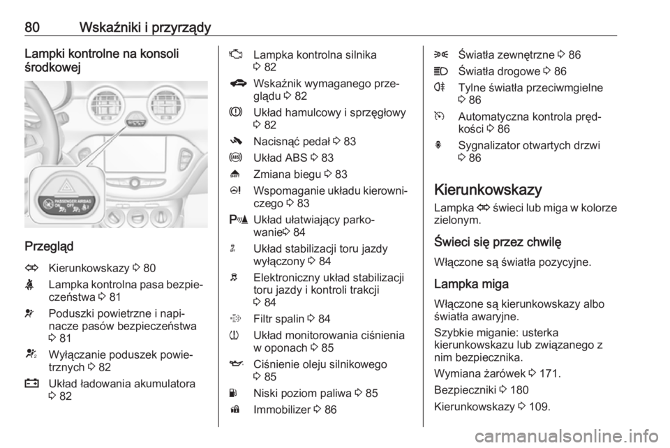 OPEL ADAM 2019  Instrukcja obsługi (in Polish) 80Wskaźniki i przyrządyLampki kontrolne na konsoli
środkowej
Przegląd
OKierunkowskazy  3 80XLampka kontrolna pasa bezpie‐
czeństwa  3 81vPoduszki powietrzne i napi‐
nacze pasów bezpieczeńst
