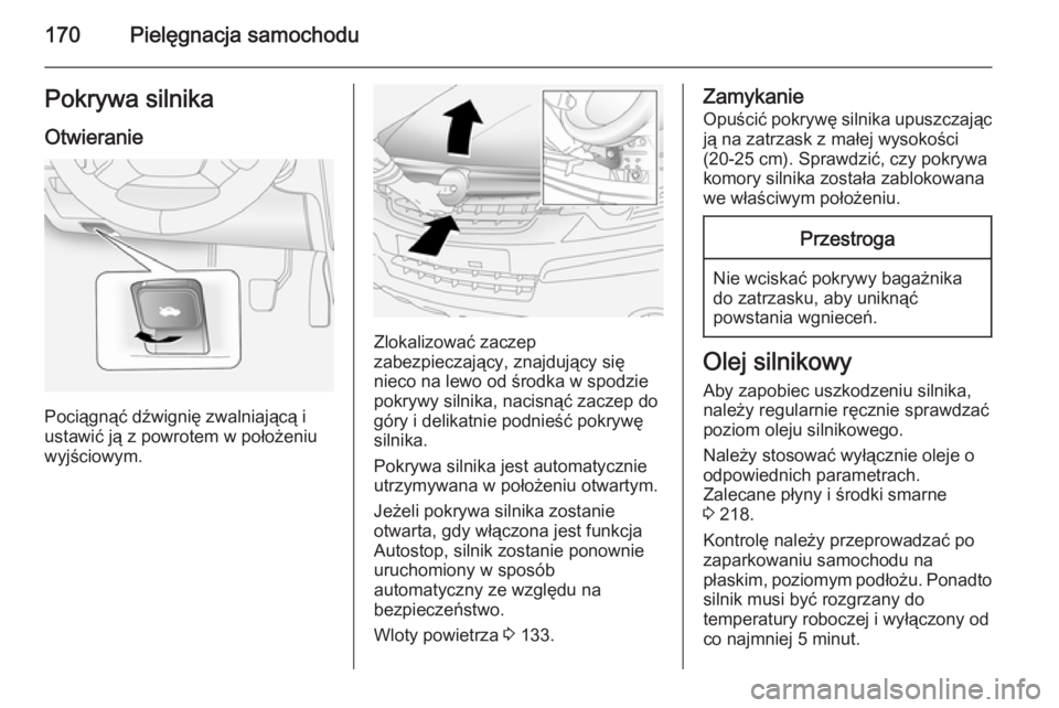 OPEL ANTARA 2014.5  Instrukcja obsługi (in Polish) 170Pielęgnacja samochoduPokrywa silnikaOtwieranie
Pociągnąć dźwignię zwalniającą i
ustawić ją z powrotem w położeniu
wyjściowym.
Zlokalizować zaczep
zabezpieczający, znajdujący się
ni