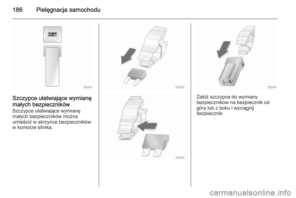 OPEL ANTARA 2014.5  Instrukcja obsługi (in Polish) 186Pielęgnacja samochodu
Szczypce ułatwiające wymianęmałych bezpieczników
Szczypce ułatwiające wymianę
małych bezpieczników można
umieścić w skrzynce bezpieczników
w komorze silnika.Za�
