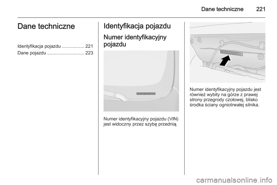 OPEL ANTARA 2014.5  Instrukcja obsługi (in Polish) Dane techniczne221Dane techniczneIdentyfikacja pojazdu.................221
Dane pojazdu ............................ 223Identyfikacja pojazdu
Numer identyfikacyjny
pojazdu
Numer identyfikacyjny pojazd