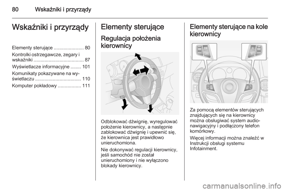 OPEL ANTARA 2014.5  Instrukcja obsługi (in Polish) 80Wskaźniki i przyrządyWskaźniki i przyrządyElementy sterujące......................80
Kontrolki ostrzegawcze, zegary i wskaźniki ..................................... 87
Wyświetlacze informacy