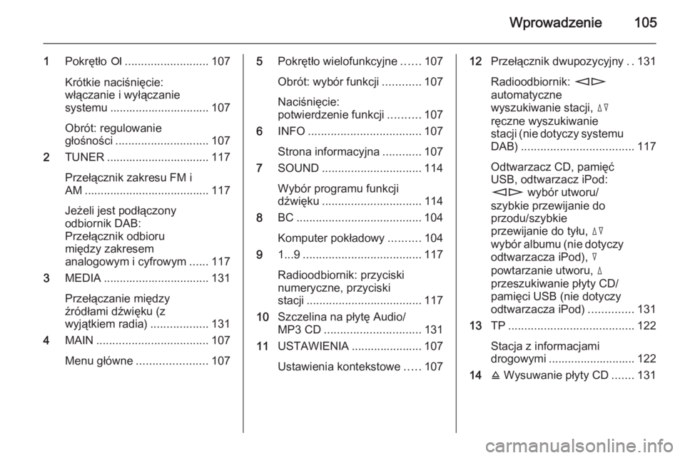 OPEL ANTARA 2015  Instrukcja obsługi systemu audio-nawigacyjnego (in Polish) Wprowadzenie105
1Pokrętło  e.......................... 107
Krótkie naciśnięcie:
włączanie i wyłączanie
systemu ............................... 107
Obrót: regulowanie
głośności ...........