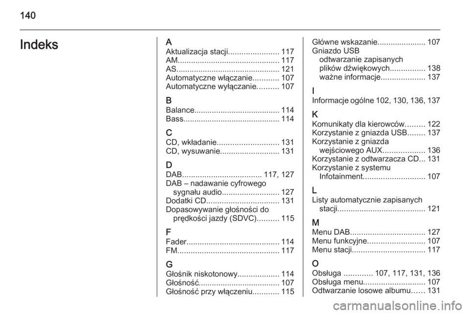 OPEL ANTARA 2015  Instrukcja obsługi systemu audio-nawigacyjnego (in Polish) 140IndeksAAktualizacja stacji .......................117
AM .............................................. 117
AS ............................................... 121
Automatyczne włączanie .........