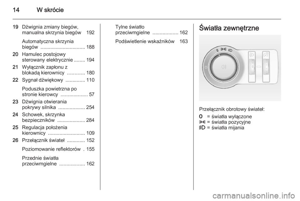 OPEL ASTRA J 2015.75 Instrukcja obsługi (in Polish) 14W skrócie
19Dźwignia zmiany biegów,
manualna skrzynia biegów 192
Automatyczna skrzynia
biegów ................................ 188
20 Hamulec postojowy
sterowany elektrycznie ........ 194
21 OPEL ASTRA J 2015.75 Instrukcja obsługi (in Polish) 14W skrócie
19Dźwignia zmiany biegów,
manualna skrzynia biegów 192
Automatyczna skrzynia
biegów ................................ 188
20 Hamulec postojowy
sterowany elektrycznie ........ 194
21