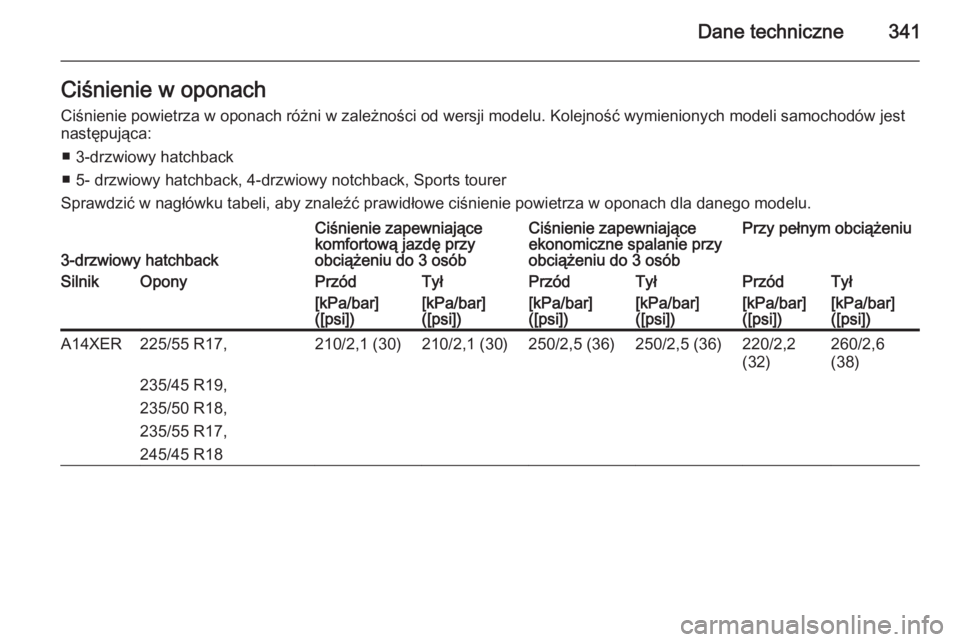 OPEL ASTRA J 2015.75  Instrukcja obsługi (in Polish) Dane techniczne341Ciśnienie w oponach
Ciśnienie powietrza w oponach różni w zależności od wersji modelu. Kolejność wymienionych modeli samochodów jest następująca:
■ 3-drzwiowy hatchback
