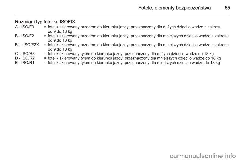 OPEL ASTRA J 2015.75  Instrukcja obsługi (in Polish) Fotele, elementy bezpieczeństwa65
Rozmiar i typ fotelika ISOFIXA - ISO/F3=fotelik skierowany przodem do kierunku jazdy, przeznaczony dla dużych dzieci o wadze z zakresu
od 9 do 18 kgB - ISO/F2=fotel