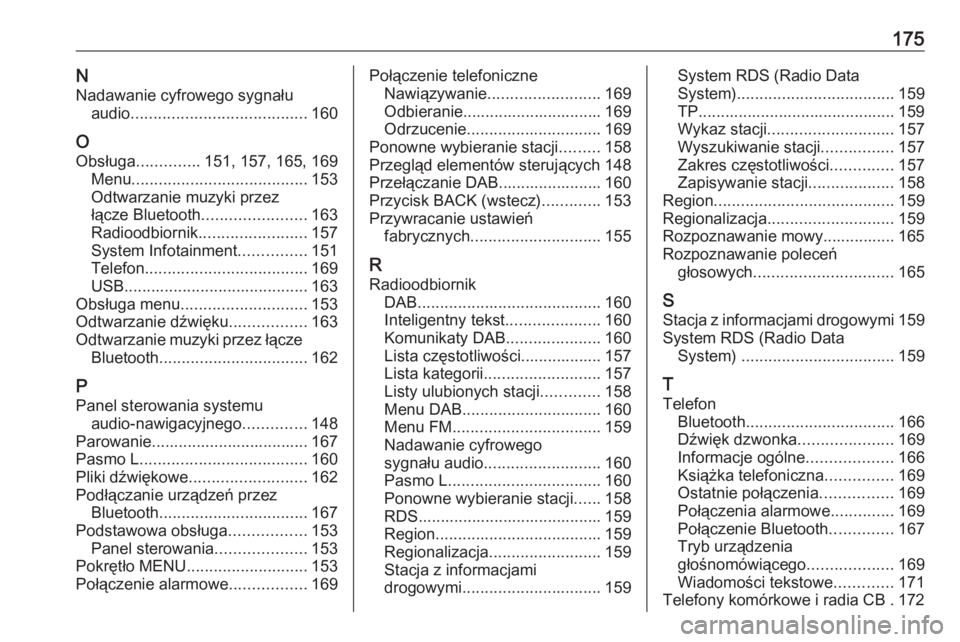 OPEL ASTRA K 2017.5  Instrukcja obsługi systemu audio-nawigacyjnego (in Polish) 175NNadawanie cyfrowego sygnału audio ....................................... 160
O Obsługa .............. 151, 157, 165, 169
Menu ....................................... 153
Odtwarzanie muzyki prze