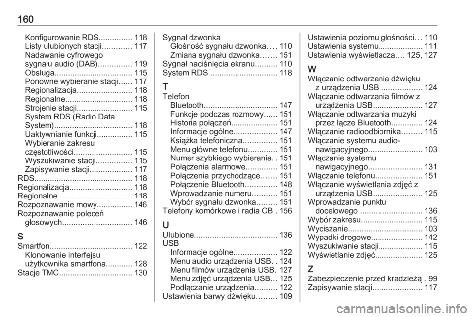 OPEL ASTRA K 2018.5  Instrukcja obsługi systemu audio-nawigacyjnego (in Polish) 160Konfigurowanie RDS...............118
Listy ulubionych stacji .............117
Nadawanie cyfrowego
sygnału audio (DAB) ...............119
Obsługa ................................... 115
Ponowne wy