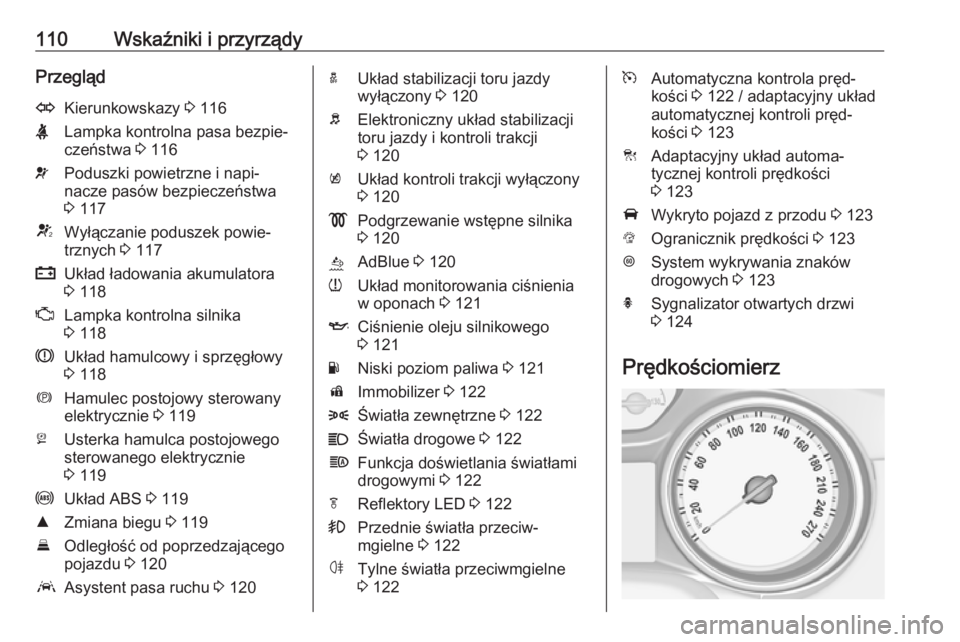 OPEL ASTRA K 2019.5  Instrukcja obsługi (in Polish) 110Wskaźniki i przyrządyPrzeglądOKierunkowskazy 3 116XLampka kontrolna pasa bezpie‐
czeństwa  3 116vPoduszki powietrzne i napi‐
nacze pasów bezpieczeństwa
3  117VWyłączanie poduszek powie�