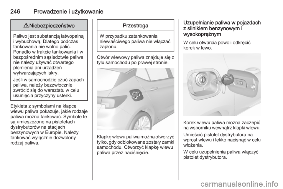 OPEL ASTRA K 2019.5 Instrukcja obsługi (in Polish) 246Prowadzenie i użytkowanie9Niebezpieczeństwo
Paliwo jest substancją łatwopalną
i wybuchową. Dlatego podczas
tankowania nie wolno palić.
Ponadto w trakcie tankowania i w
bezpośrednim sąsiedz OPEL ASTRA K 2019.5 Instrukcja obsługi (in Polish) 246Prowadzenie i użytkowanie9Niebezpieczeństwo
Paliwo jest substancją łatwopalną
i wybuchową. Dlatego podczas
tankowania nie wolno palić.
Ponadto w trakcie tankowania i w
bezpośrednim sąsiedz